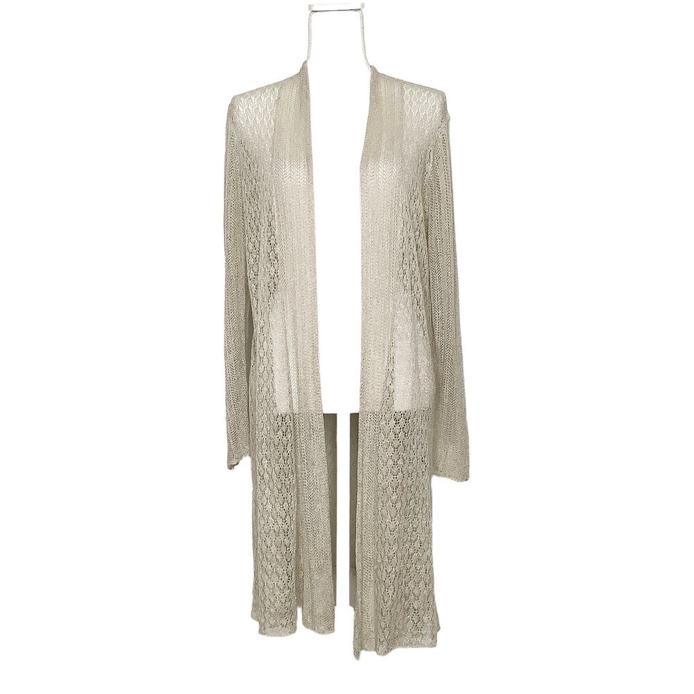 Eileen Fisher Long Open-Front Lace Knit Cardigan in Light Beige